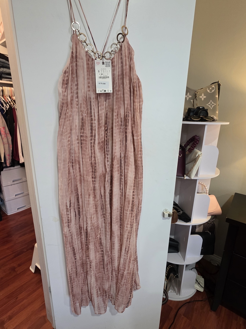 Zara Blush Pink Tie-Dye Maxi Dress with Chain Ring Detail